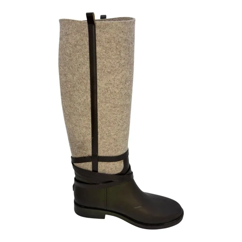 Salvatore Ferragamo Cordelia Felt Brown/Ivory Riding/RainBoots Rubber Size 10US